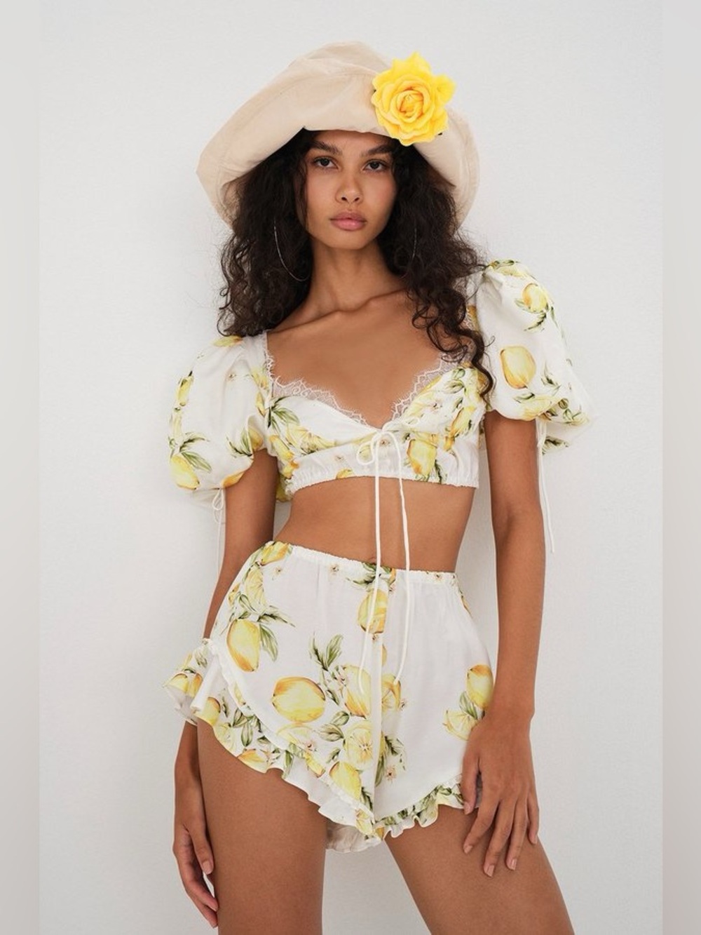 For Love & Lemons Alana Puff Sleeve Crop Top & Cheryl Shorts Set XS NWT